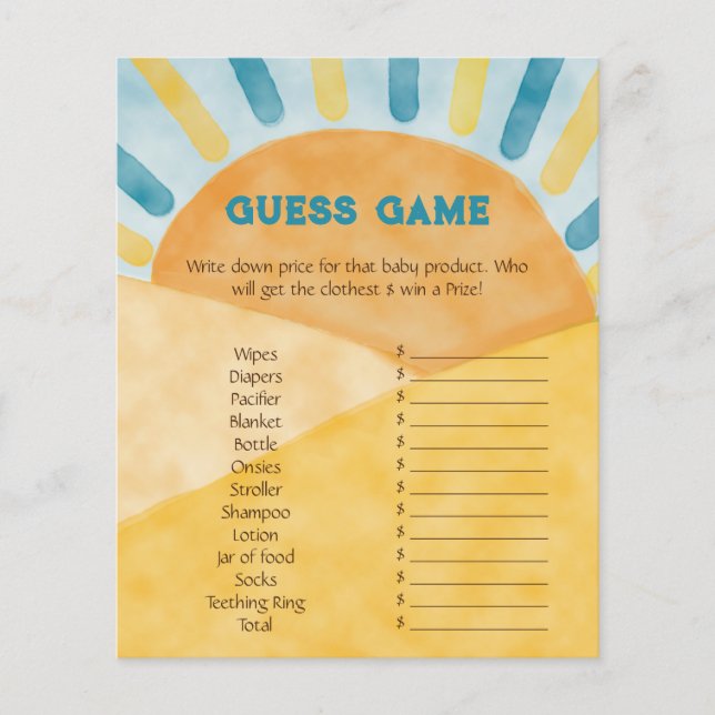 Here Come Blue Ray Sunshine Baby Shower Guess Game (Front)