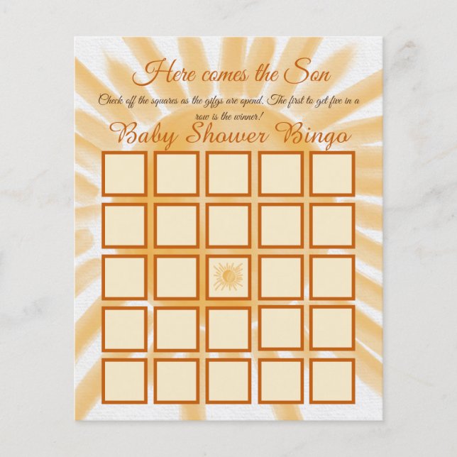 Here Come Ray of Sunshine Baby Shower Bingo Game (Front)
