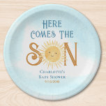 Here Come The Son Baby Shower  Paper Plate<br><div class="desc">These cute boy's baby shower paper plates feature the text "Here Comes The Son" in stylish blue and brown typography with a smiling yellow watercolor sun and blue sky.
Easily customisable.
Original Watercolor © Michele Davies.</div>