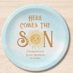 Here Come The Son Boy's Baby Shower  Paper Plate<br><div class="desc">These cute boy's baby shower paper plates feature the text "Here Comes The Son" in stylish typography with a smiling yellow watercolor sun and blue sky.
Easily customisable.
Because we create our artwork you won't find this exact image from other designers.
Original Watercolor © Michele Davies.</div>