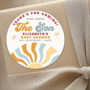 Here come the son - Funny Retro Style Baby Shower Classic Round Sticker