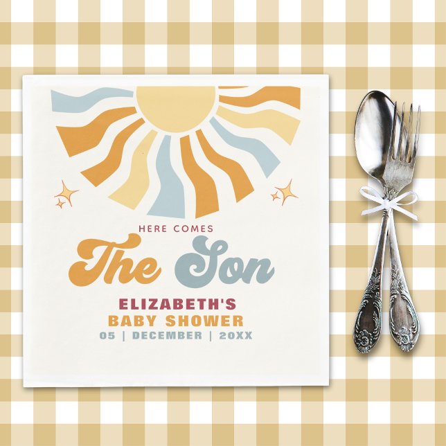Here come the son - Sun Retro Baby Shower Napkin (Creator Uploaded)