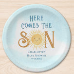 Here Come The Son Sunshine Baby Shower  Paper Plate<br><div class="desc">These cute boy's baby shower paper plates feature the text "Here Comes The Son" in retro typography with a smiling yellow watercolor sun and blue sky.
Easily customisable.
Because we create our artwork you won't find this exact image from other designers.
Original Watercolor © Michele Davies.</div>