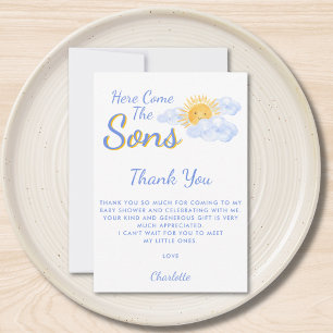 Here Come The Sons Twin Boy's Baby Shower Thank You Card