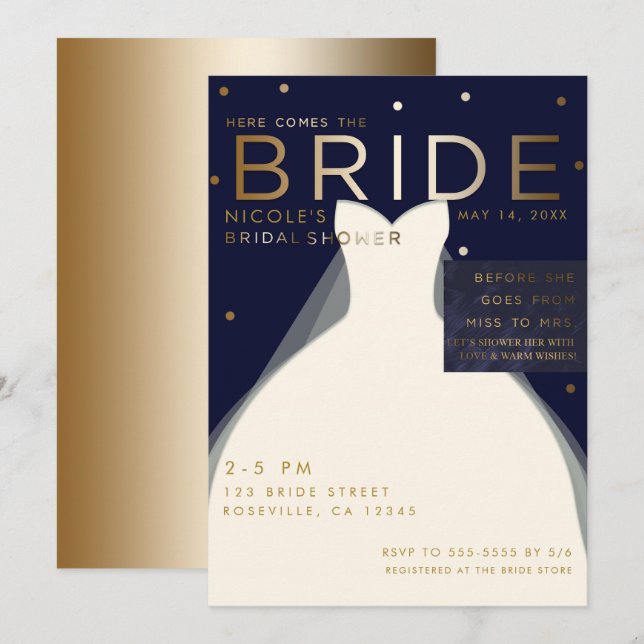 Here comes BRIDE Navy Blue & Gold Bridal Shower Invitation (Front/Back)