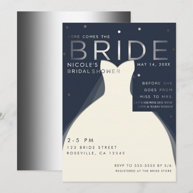Here comes BRIDE Silver & Blue Chic Bridal Shower Invitation (Front/Back)