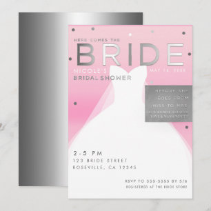 Here comes BRIDE Silver & Pink Chic Bridal Shower Invitation