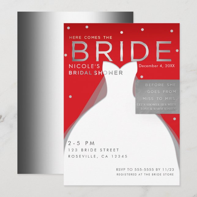 Here comes BRIDE Silver & Red Chic Bridal Shower Invitation (Front/Back)