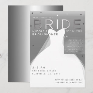 Here comes BRIDE Silver & White Chic Bridal Shower Invitation