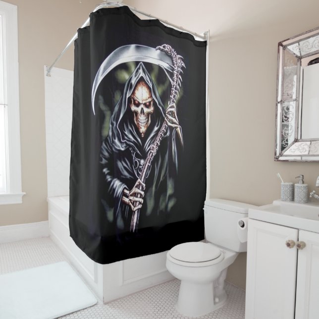 Here Comes Grim Shower Curtain (In Situ)