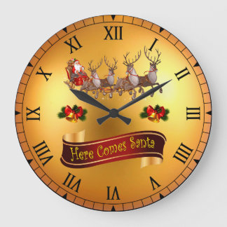 Here Comes Santa And His Reindeers ~ Large Clock