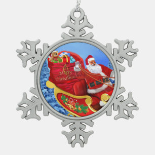 HERE COMES SANTA CLAUS SNOWFLAKE PEWTER CHRISTMAS ORNAMENT