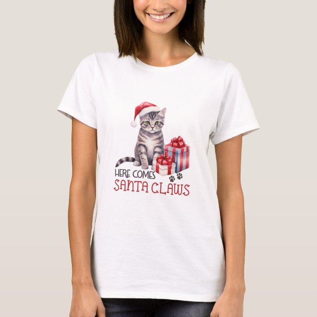 Here Comes Santa Claws Cat T-Shirt (Front)
