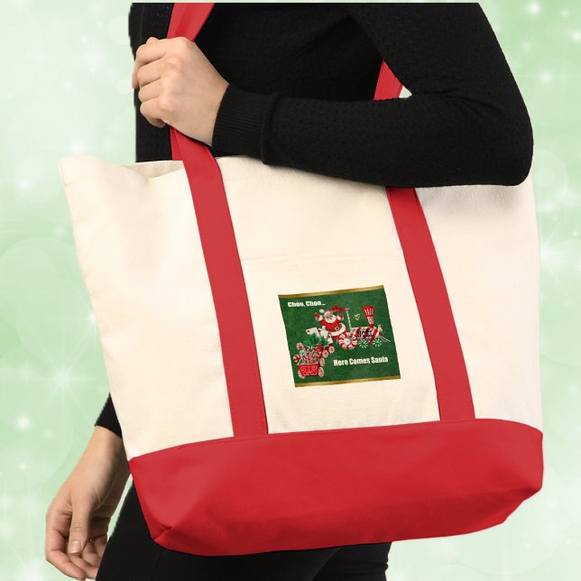 Here Comes Santa on Train Candy Canes Green Gold Tote Bag (Here comes Santa driving Christmas train with letters and candy canes on dark green background tote.)