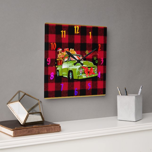 Here comes Santa paws dog Christmas parade truck Square Wall Clock (Office)
