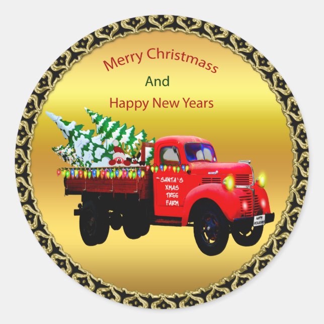 Here comes Santa's Christmas tree farm truck Classic Round Sticker (Front)