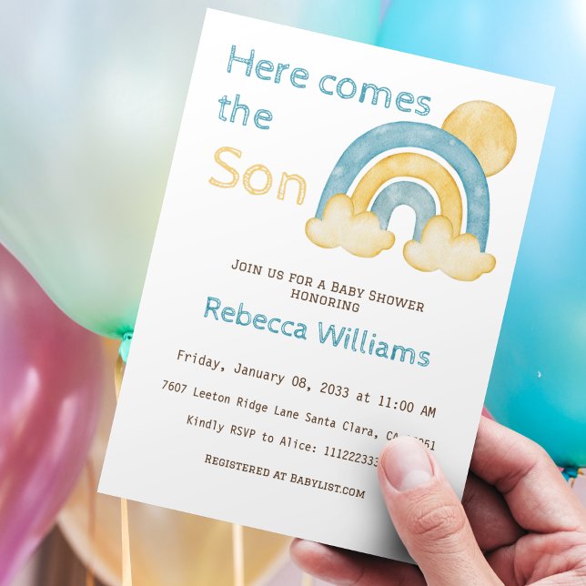 Here Comes Son Sunshine Blue Rainbow Baby Shower Invitation (Creator Uploaded)
