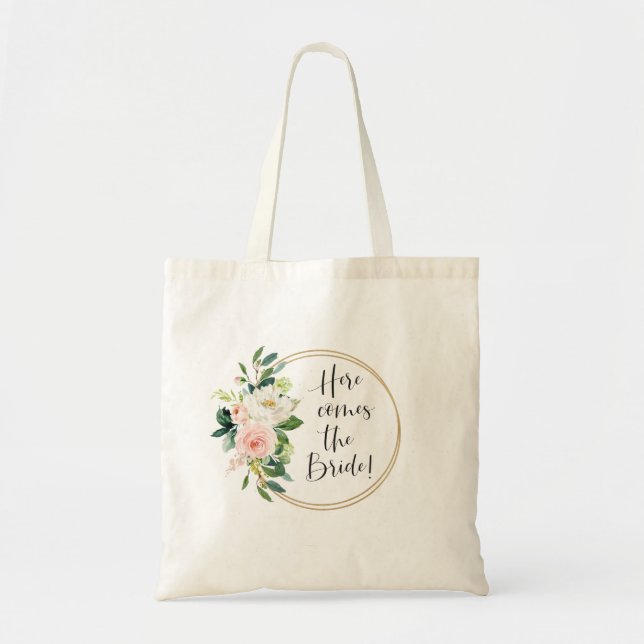 Here Comes the Bride Blush Pink Floral Tote Bag (Front)