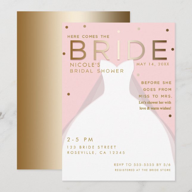 Here comes the BRIDE Chic Pink Gold Bridal Shower Invitation (Front/Back)