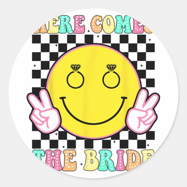 Here Comes The Bride Groovy Bachelorette Party Tea Classic Round Sticker (Front)
