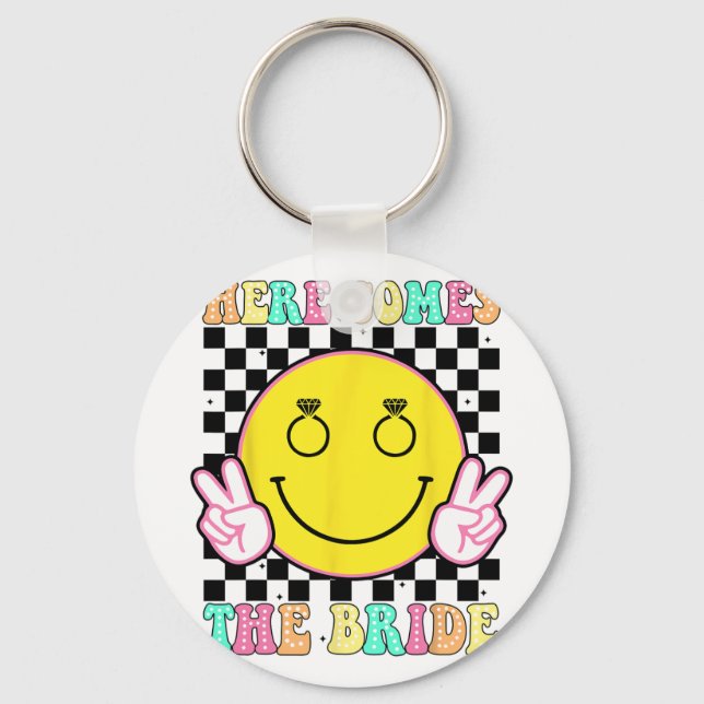 Here Comes The Bride Groovy Bachelorette Party Tea Key Ring (Front)