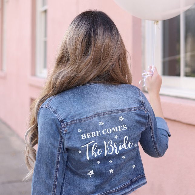 Here Comes the Bride Wedding Denim Jacket (Here comes the bride stars wedding denim jacket for wedding and bridal shower and bachelorette party)
