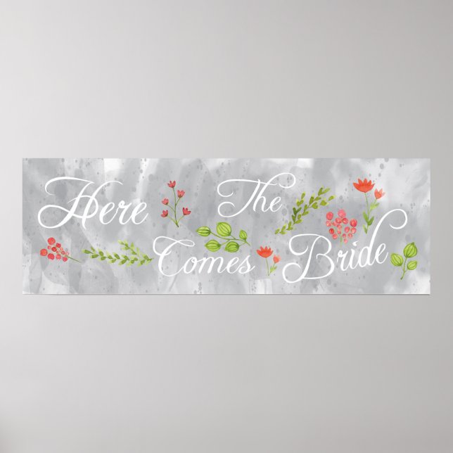 Here Comes The Bride Wedding Watercolor Sign (Front)