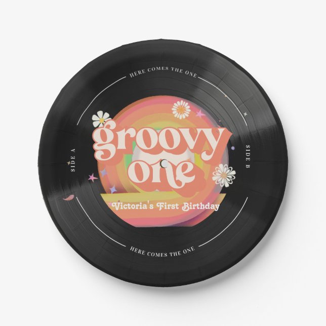 Here Comes The One Groovy Vinyl 1st Birthday Paper Plate (Front)