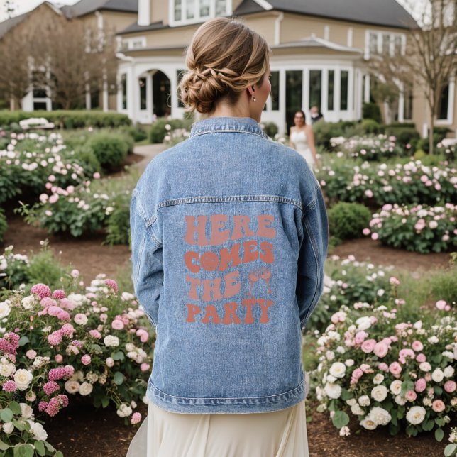 Here comes the party Retro Bachelorette Party  Denim Jacket (Wedding Back)