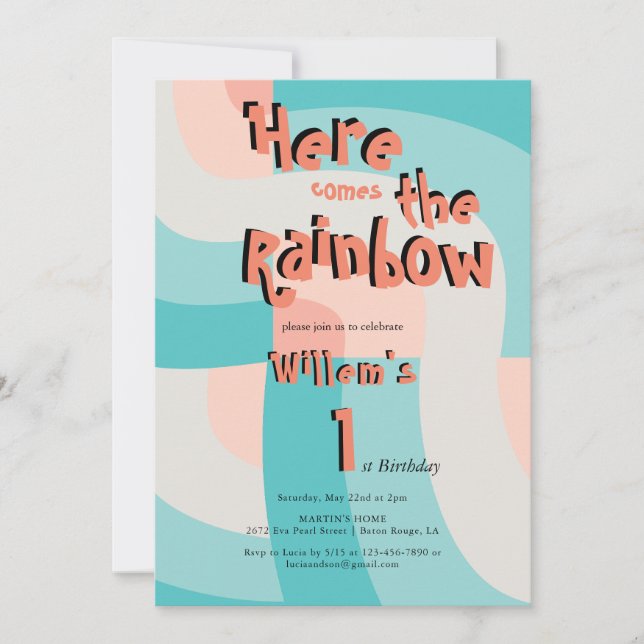 Here Comes The Rainbow Colour Abstract 1st Birthda Invitation (Front)