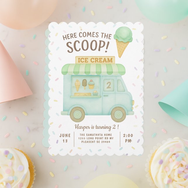 Here Comes the Scoop | Mint Green Ice Cream Truck  Invitation (Creator Uploaded)