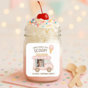 Here Comes the Scoop! Pink Ice Cream Truck Photo Square Sticker