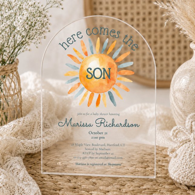 Here Comes the Son Baby Boy Shower Acrylic Invitations (Here comes the son baby boy shower clear acrylic invitation, boho retro watercolor sun, cute)