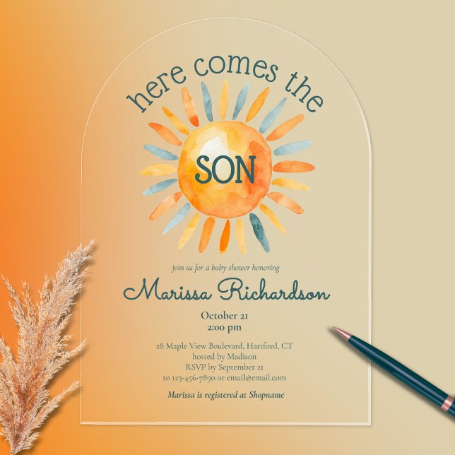 Here Comes the Son Baby Boy Shower Acrylic Invitations (Here comes the son baby boy shower clear acrylic invitation, boho retro watercolor sun, cute)
