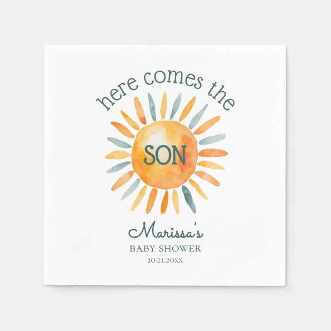 Here Comes the Son Baby Boy Shower Napkin (Front)