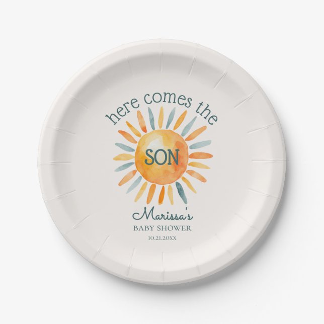 Here Comes the Son Baby Boy Shower Paper Plate (Front)