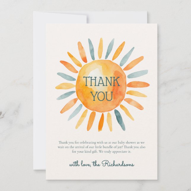 Here Comes the Son Baby Boy Shower Thank You Card (Front)