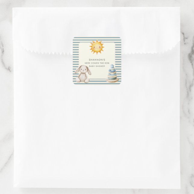 Here Comes the Son Baby Shower Blue Stripe Square Sticker (Bag)