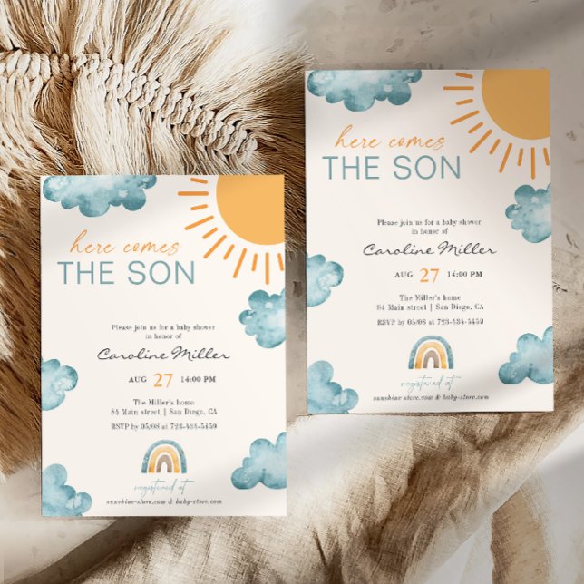 Here Comes The Son Baby Shower Boy Blue Invitation (Creator Uploaded)