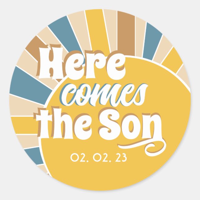 Here comes the Son Baby Shower Classic Round Sticker (Front)