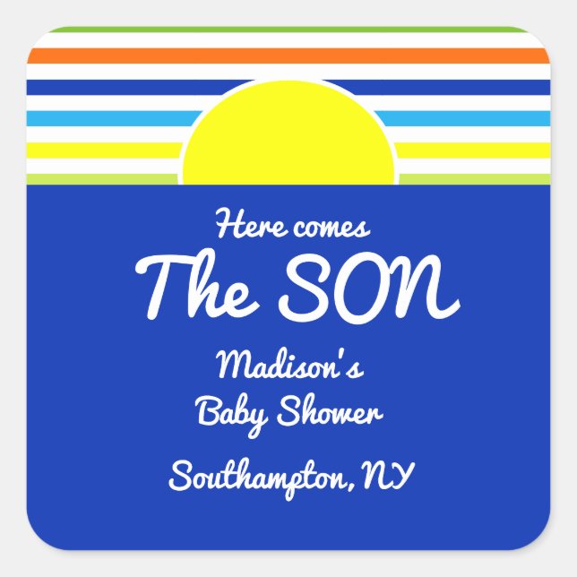 Here Comes The Son Baby Shower Favour Square Stick Square Sticker (Front)