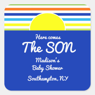 Here Comes The Son Baby Shower Favour Square Stick Sticker