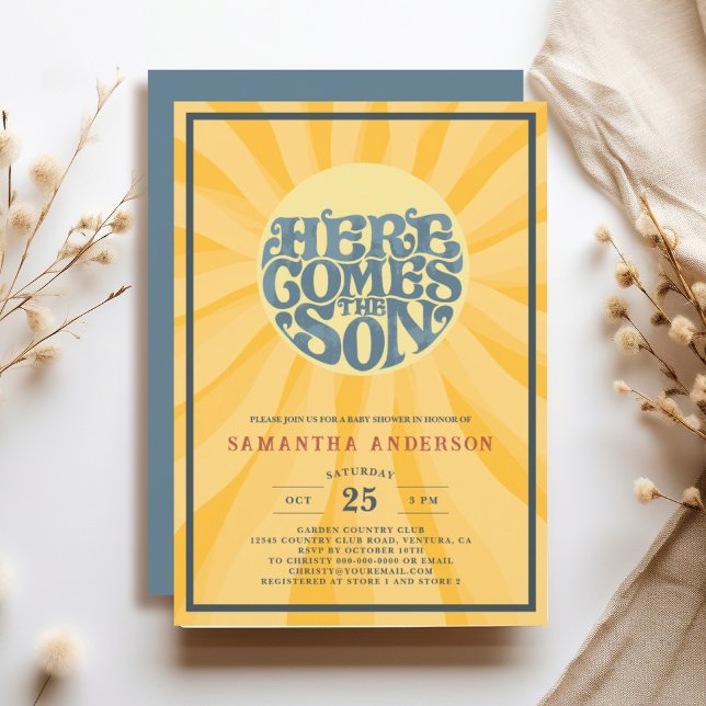 Here Comes the Son Baby Shower Invitation (Here Comes the Son retro baby shower invitation features fun sun shape typography with rays.)