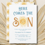 Here Comes The Son Baby Shower  Invitation<br><div class="desc">Invite family and friends to your sun-themed baby shower with this cute sunshine boys' baby shower invitation. It features the text "Here Comes The Son" in blue retro typography with a cute yellow watercolor sun. The back is decorated with a smiling sun pattern. Easily customisable. Because we create our artwork...</div>