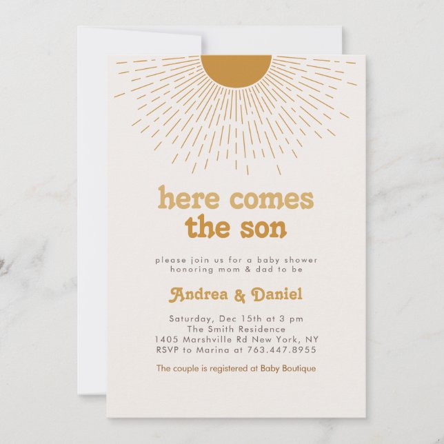 Here Comes the Son Baby Shower Invite Boho Retro (Front)