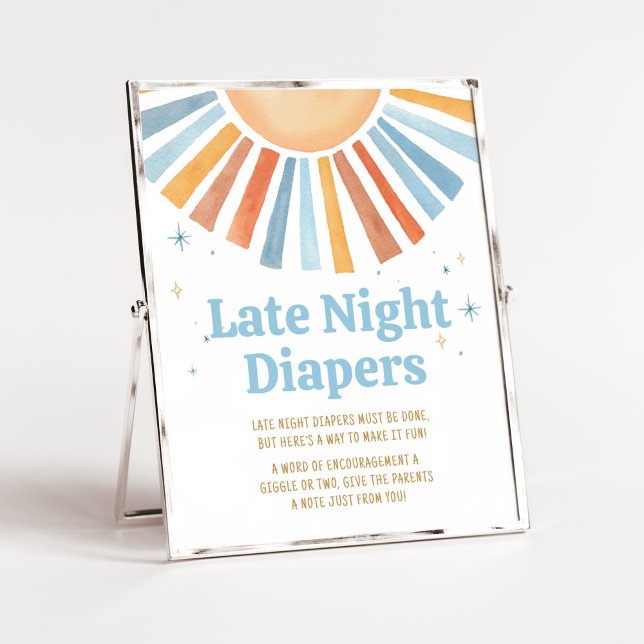 Here Comes the Son Baby Shower Late Night Diapers Poster (Boho Sunshine Baby Shower Late Night Diapers Sign)