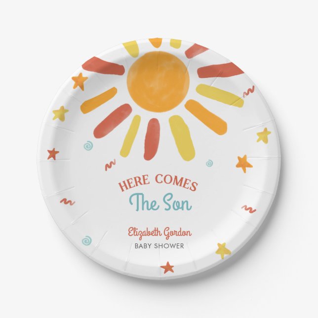 Here Comes The Son Baby Shower Retro Boy Paper Plate (Front)
