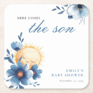 Here Comes the Son Baby Shower Square Paper Coaster