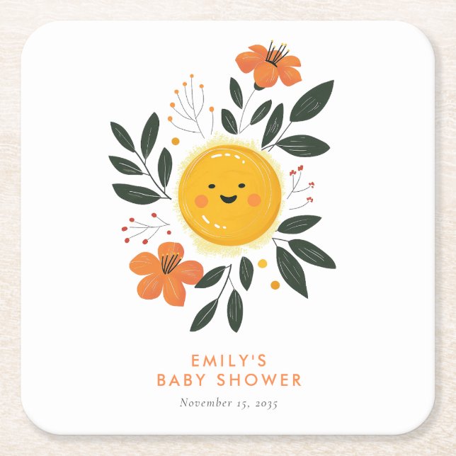 Here Comes the Son Baby Shower Square Paper Coaster (Front)