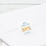 Here Comes The Son Baby Shower Square Sticker<br><div class="desc">This cute boy's baby shower sticker features the text "Here Comes The Son" in blue retro typography with a smiling yellow watercolor sun. Easily customisable. Because we create our artwork you won't find this exact image from other designers. Original Watercolor © Michele Davies.</div>